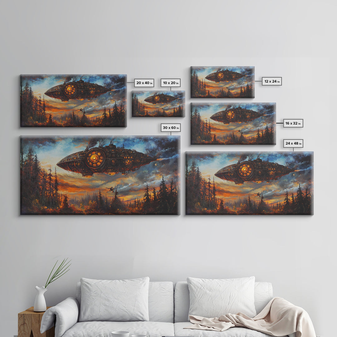 Dark Steampunk Airship Above Pine Forest Sunset Framed Canvas Print, Dystopian Sci Fi Wall Art, Moody Living Room Office Decor