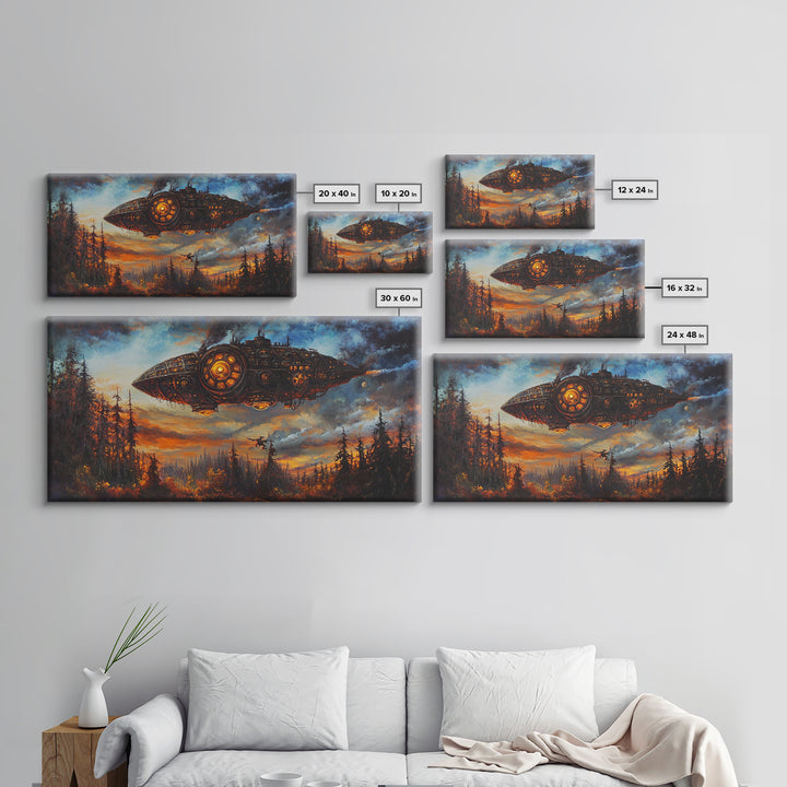 Dark Steampunk Airship Above Pine Forest Sunset Framed Canvas Print, Dystopian Sci Fi Wall Art, Moody Living Room Office Decor