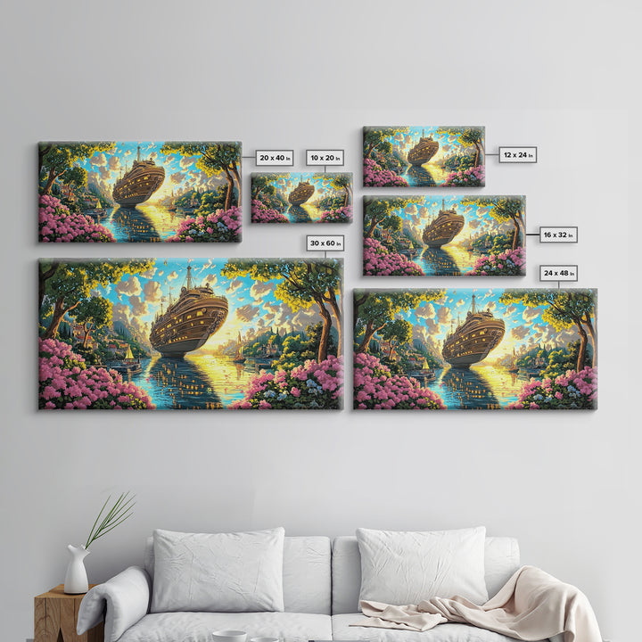 Ornate Floating Ship In Garden Harbor Canvas Print, Whimsical Fantasy Coastal Wall Art, Bright Lake House Living Room Decor