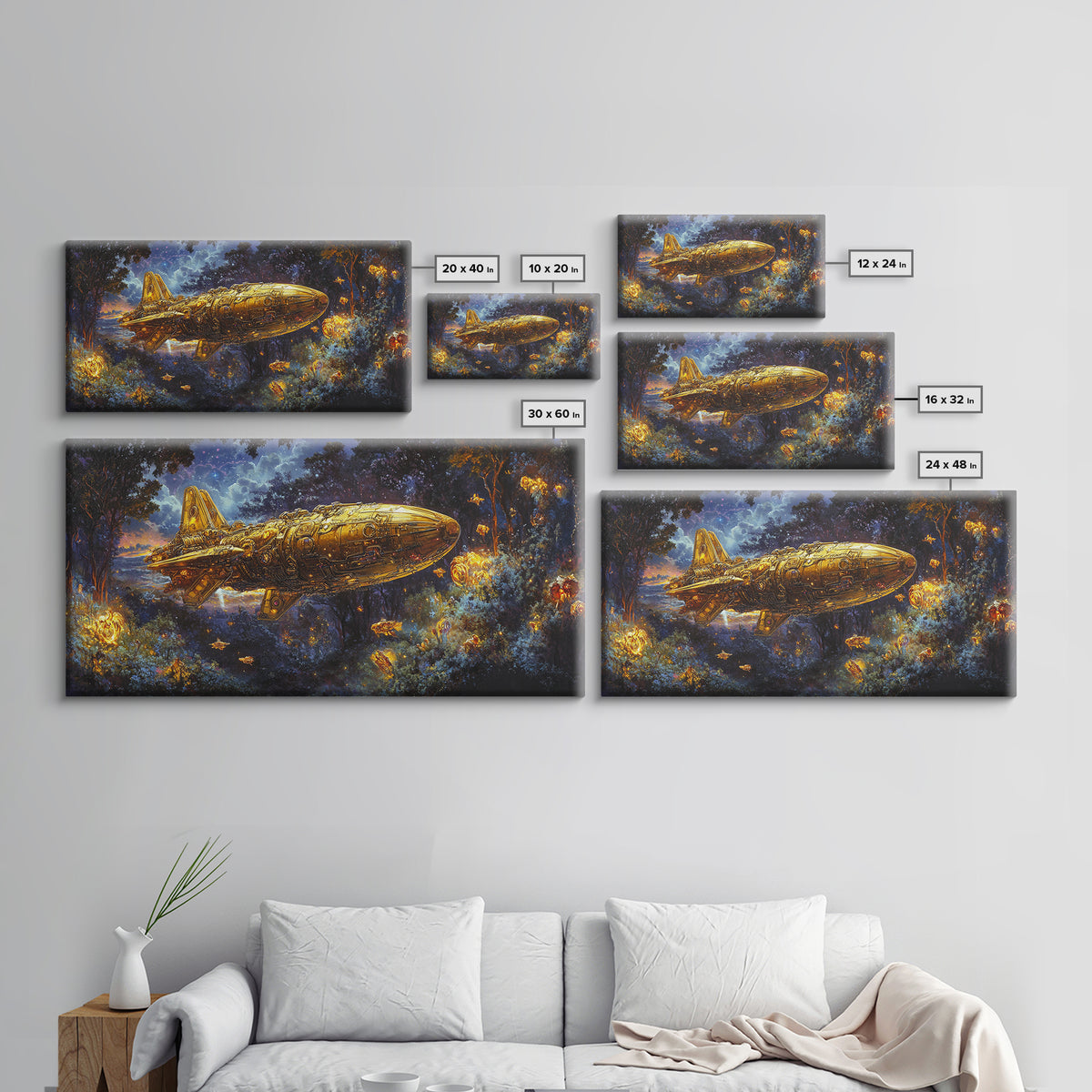 Golden Rocket Airship In Enchanted Night Forest Framed Canvas Print, Fantasy Wall Art, Firefly Woodland Decor For Bedroom
