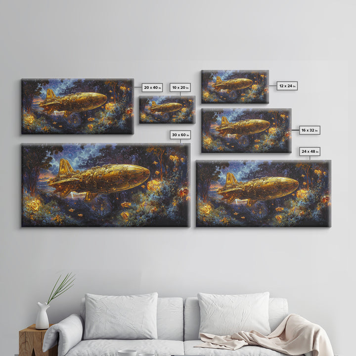 Golden Rocket Airship In Enchanted Night Forest Framed Canvas Print, Fantasy Wall Art, Firefly Woodland Decor For Bedroom
