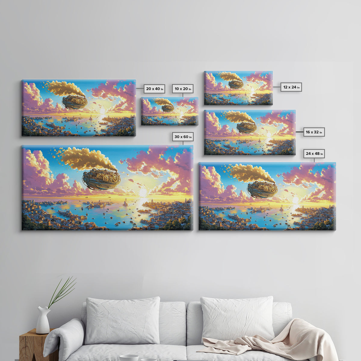 Pastel Steampunk Airship Over Coastal City Sunrise Canvas Print, Fantasy Travel Wall Art, Colorful Mediterranean Home Decor