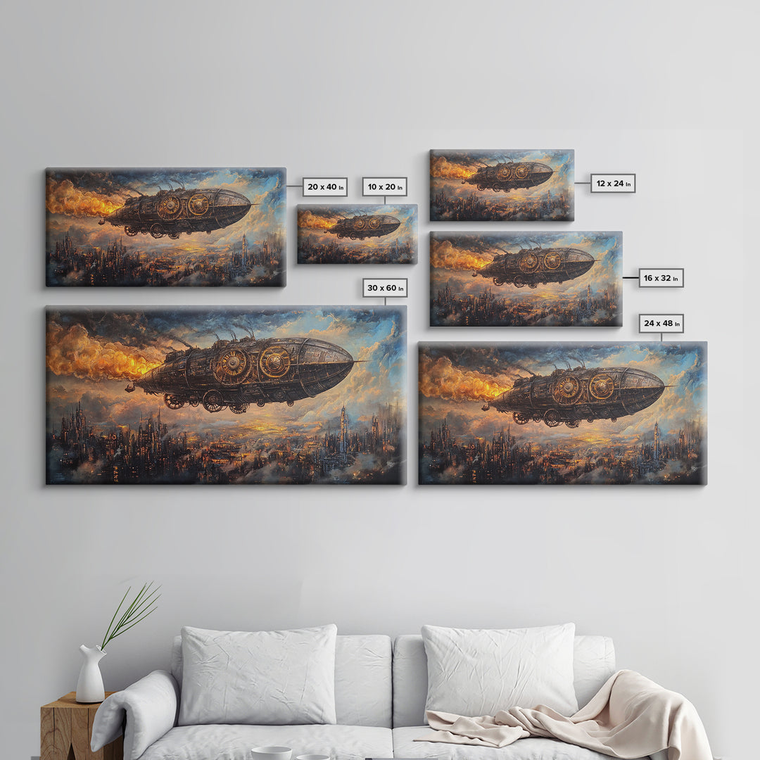 Industrial Steampunk Airship Over Dystopian City Framed Canvas Print, Sci Fi Wall Art, Dark Futuristic Living Room Office Decor
