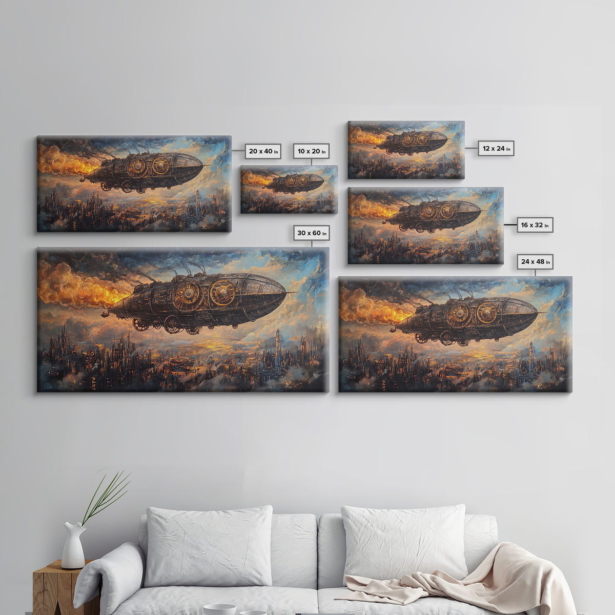 Industrial Steampunk Airship Over Dystopian City Framed Canvas Print, Sci Fi Wall Art, Dark Futuristic Living Room Office Decor