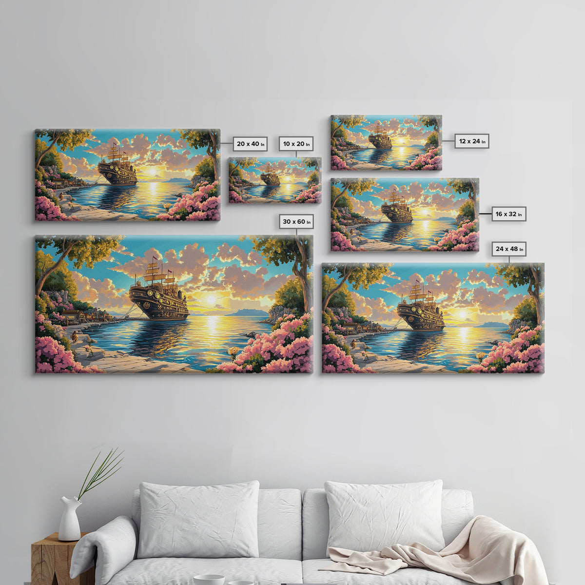 Ornate Steampunk Ship Docked In Flower Harbor Canvas Print, Fantasy Coastal Wall Art, Golden Sunset Living Room Decor Gift