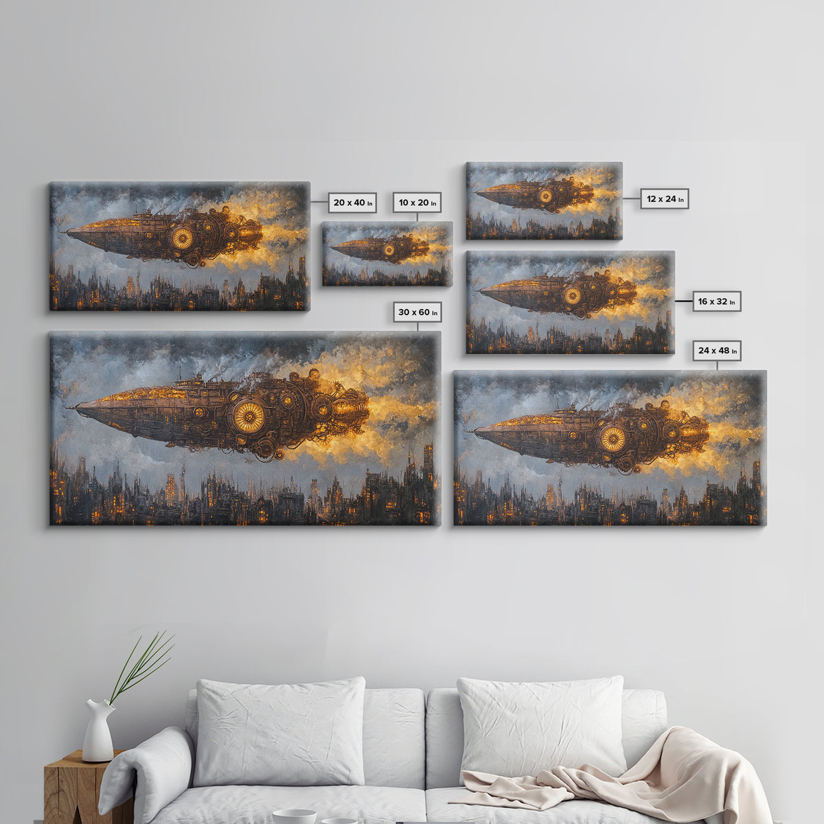Steampunk Starship Over Smoky Dystopian Skyline Framed Canvas Print, Sci Fi Wall Art For Industrial Office And Man Cave Decor
