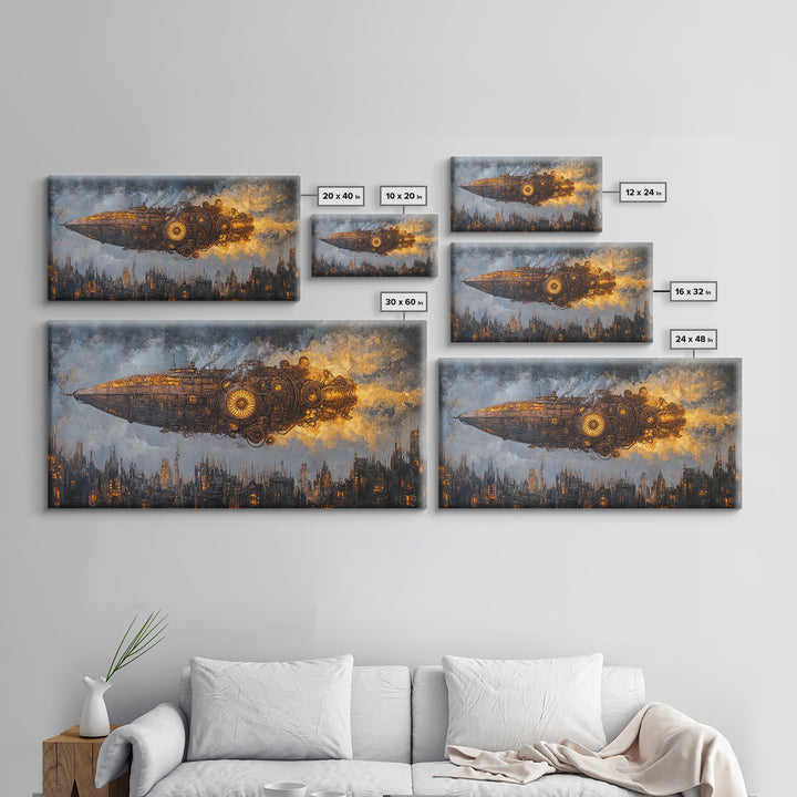 Steampunk Starship Over Smoky Dystopian Skyline Framed Canvas Print, Sci Fi Wall Art For Industrial Office And Man Cave Decor