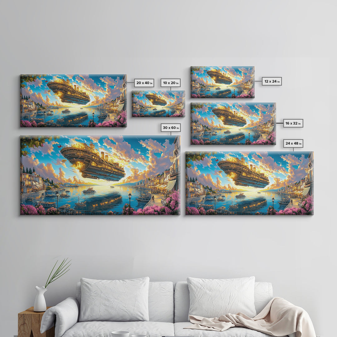 Golden Airship Above Mediterranean Harbor Canvas Print, Fantasy Travel Wall Art For Coastal Decor And Elegant Living Room Decor