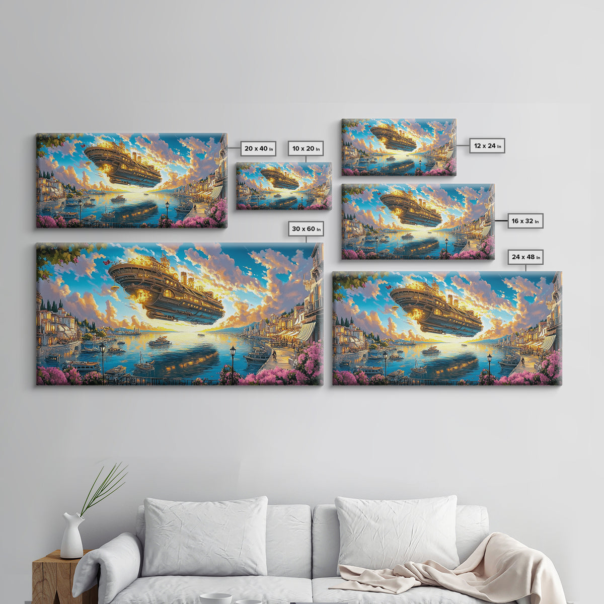 Golden Airship Above Mediterranean Harbor Canvas Print, Fantasy Travel Wall Art For Coastal Decor And Elegant Living Room Decor