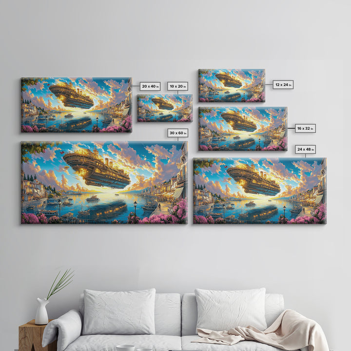 Golden Airship Above Mediterranean Harbor Canvas Print, Fantasy Travel Wall Art For Coastal Decor And Elegant Living Room Decor