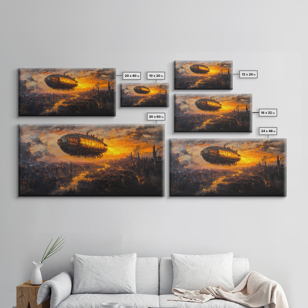 Moody Steampunk Airship At Fiery Sunset Framed Canvas Print, Dystopian City Wall Art For Gothic Office And Masculine Decor