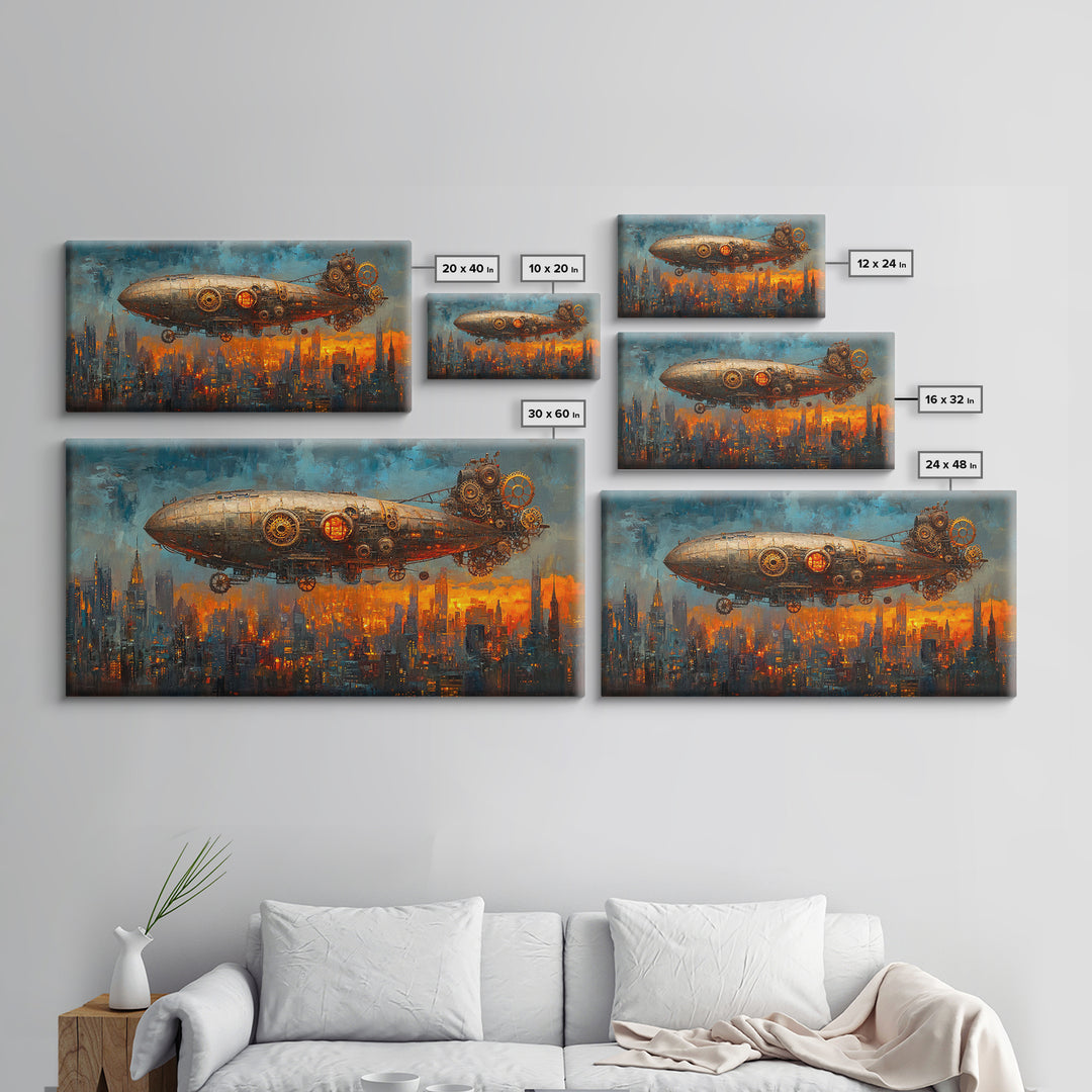 Industrial Steampunk Zeppelin Over Orange City Canvas Print, Futuristic Wall Art For Sci Fi Office Decor And Urban Home Decor
