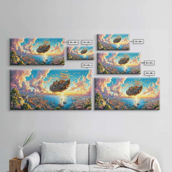 Flying Galleon Above Sunlit Coastal City Canvas Print, Whimsical Fantasy Wall Art For Travel Decor And Bright Living Room