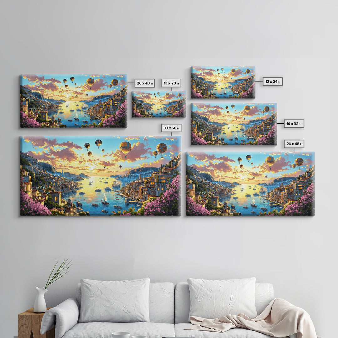 Hot Air Balloons Over Golden Harbor Canvas Print, Whimsical Coastal Wall Art For Travel Inspired Decor And Living Room Decor