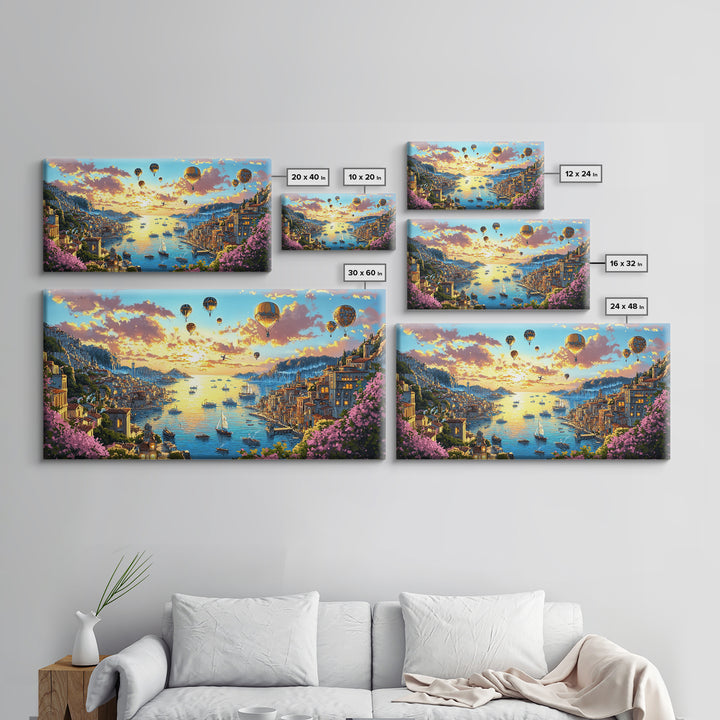 Hot Air Balloons Over Golden Harbor Canvas Print, Whimsical Coastal Wall Art For Travel Inspired Decor And Living Room Decor