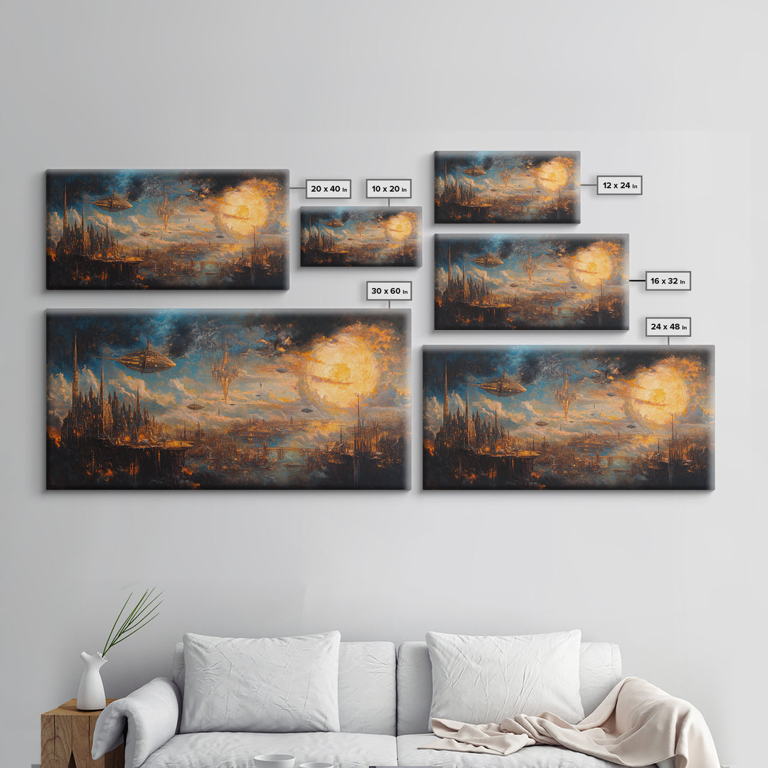 Steampunk Sky City With Airships Wall Art, Futuristic Fantasy Landscape, Dark Sci Fi Decor, Large Canvas Print For Office