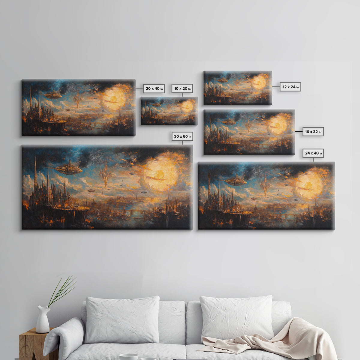 Steampunk Sky City With Airships Wall Art, Futuristic Fantasy Landscape, Dark Sci Fi Decor, Large Canvas Print For Office