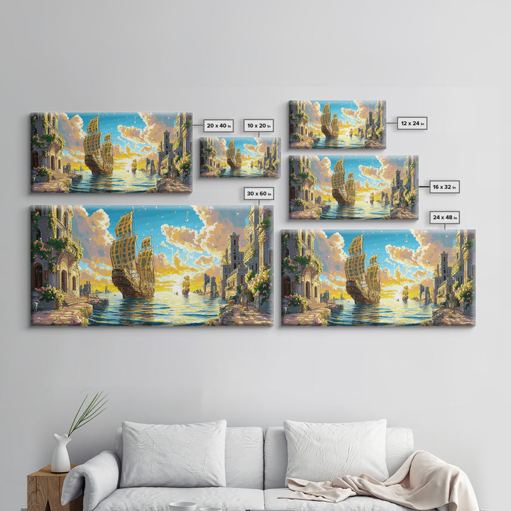 Golden Sailing Ship Canal Wall Art, Mediterranean Coastal Decor, Fantasy Seascape Canvas Print, Vibrant Living Room Art Print