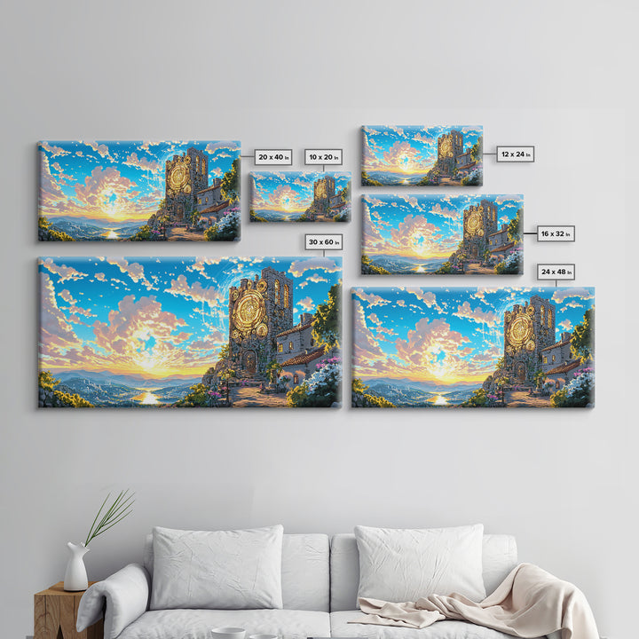 Golden Clock Tower At Sunset Wall Art, Steampunk Fantasy Landscape, Framed Canvas Print, Vibrant Travel Poster Decor Gift