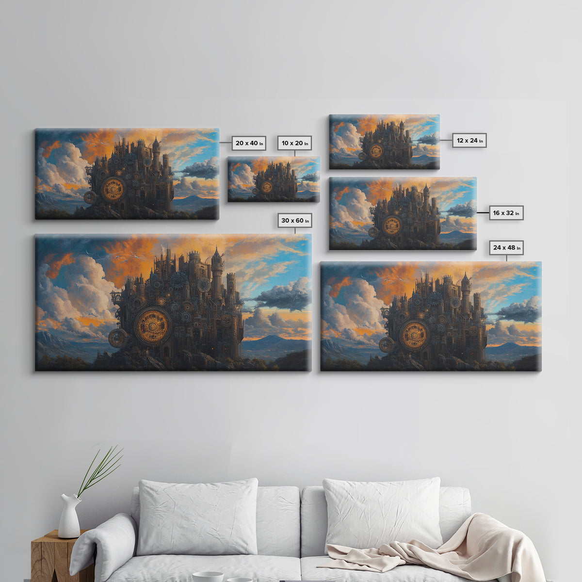 Dark Mechanical Castle At Dusk Wall Art, Gothic Steampunk Fantasy, Moody Landscape Framed Canvas Print, Statement Office Decor