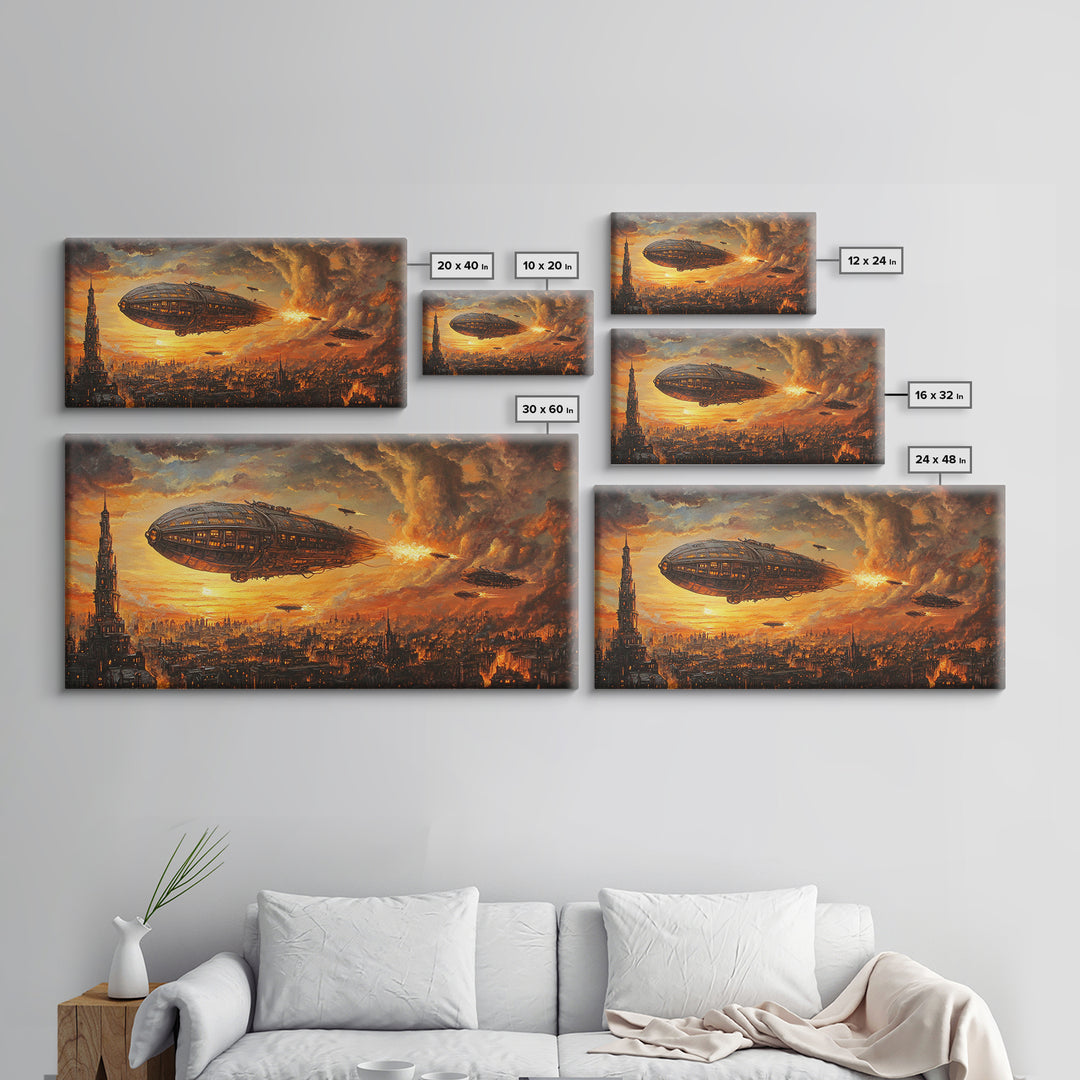 Fiery Airship Over Burning City Wall Art, Dark Steampunk Sci Fi Decor, Futuristic Landscape Canvas Print, Man Cave Art Gift