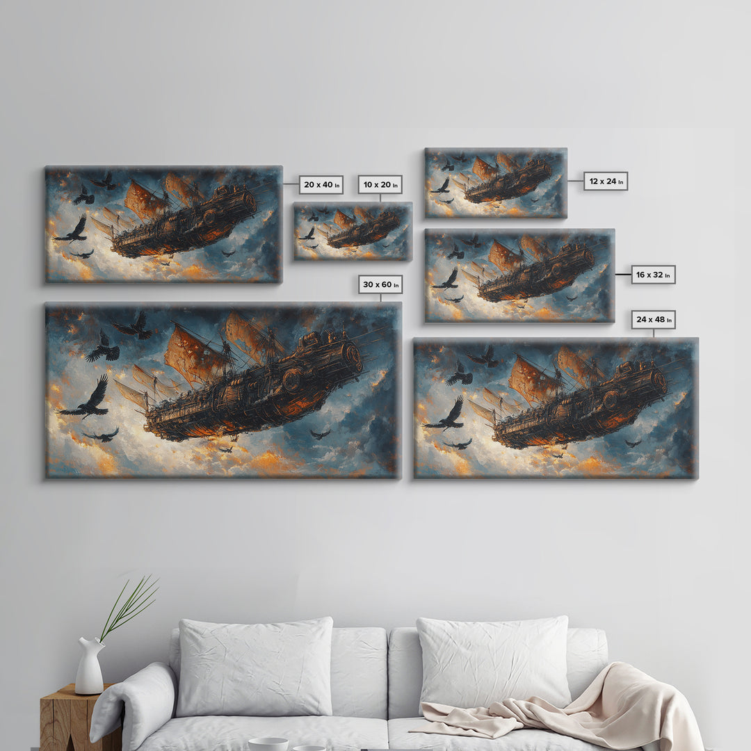 Dark Flying Pirate Ship Wall Art, Steampunk Fantasy Skyship, Gothic Adventure Canvas Print, Moody Sci Fi Office Decor Gift