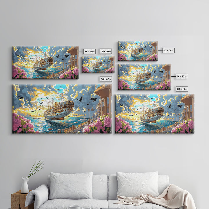 Sunlit Flying Ship By Floral Coast Wall Art, Whimsical Coastal Fantasy, Vibrant Canvas Print, Nautical Living Room Decor