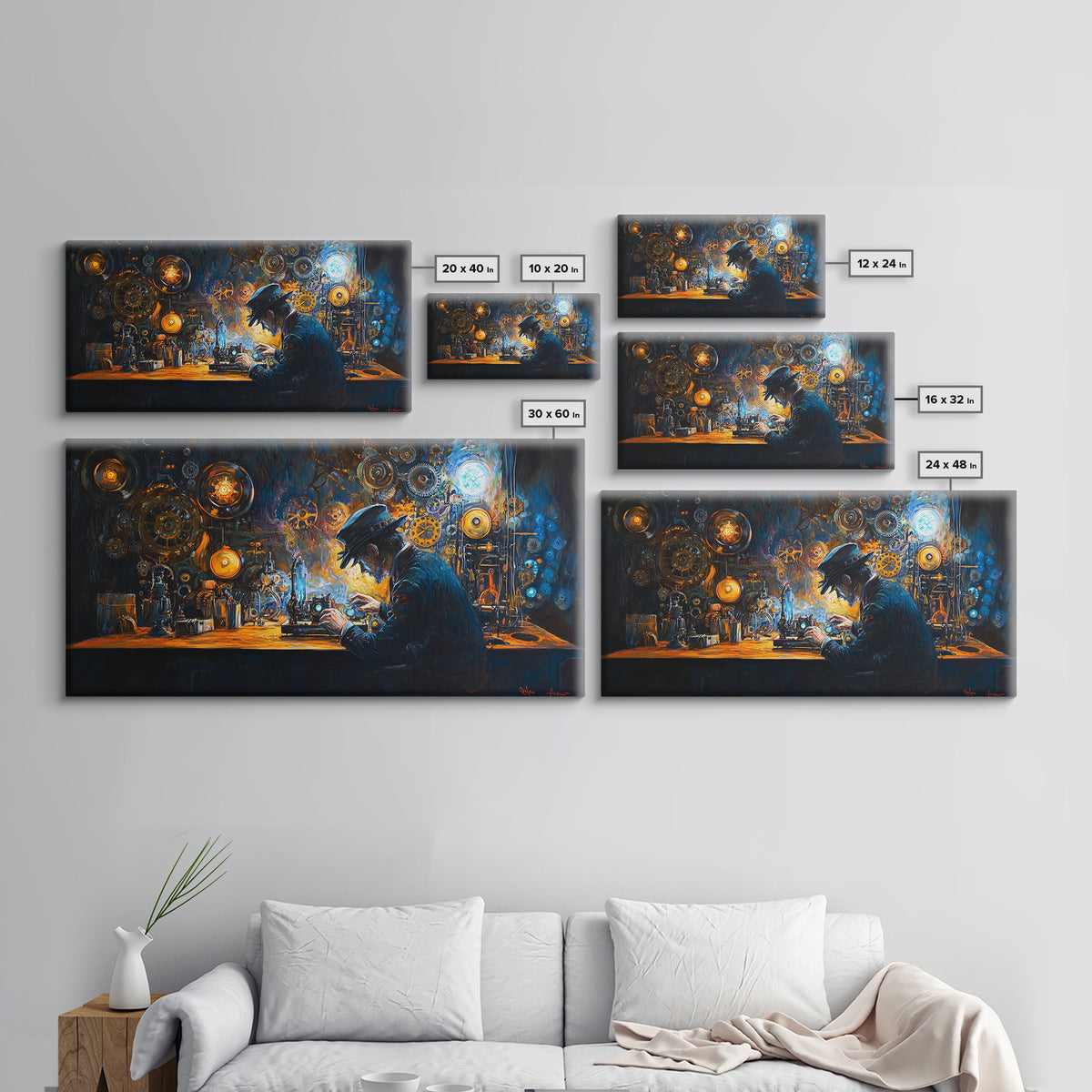 Steampunk Inventor At Workbench With Glowing Gears Framed Canvas Print, Dark Academia Wall Art, Office Decor, Gift For Him