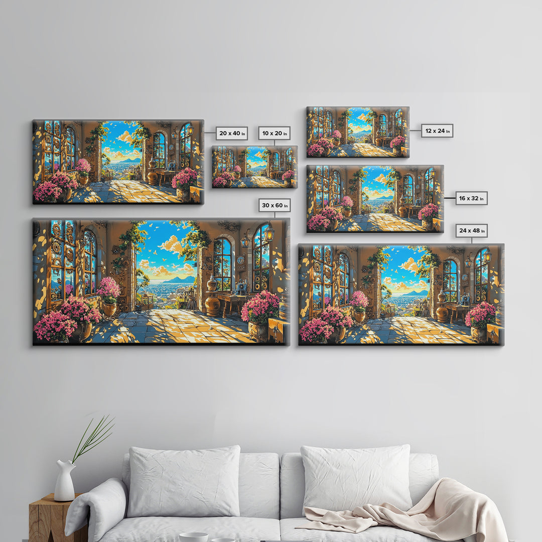 Sunlit Mediterranean Terrace With Pink Flowers Canvas Print, Coastal Wall Art, Italian Home Decor, Living Room Decor Gift