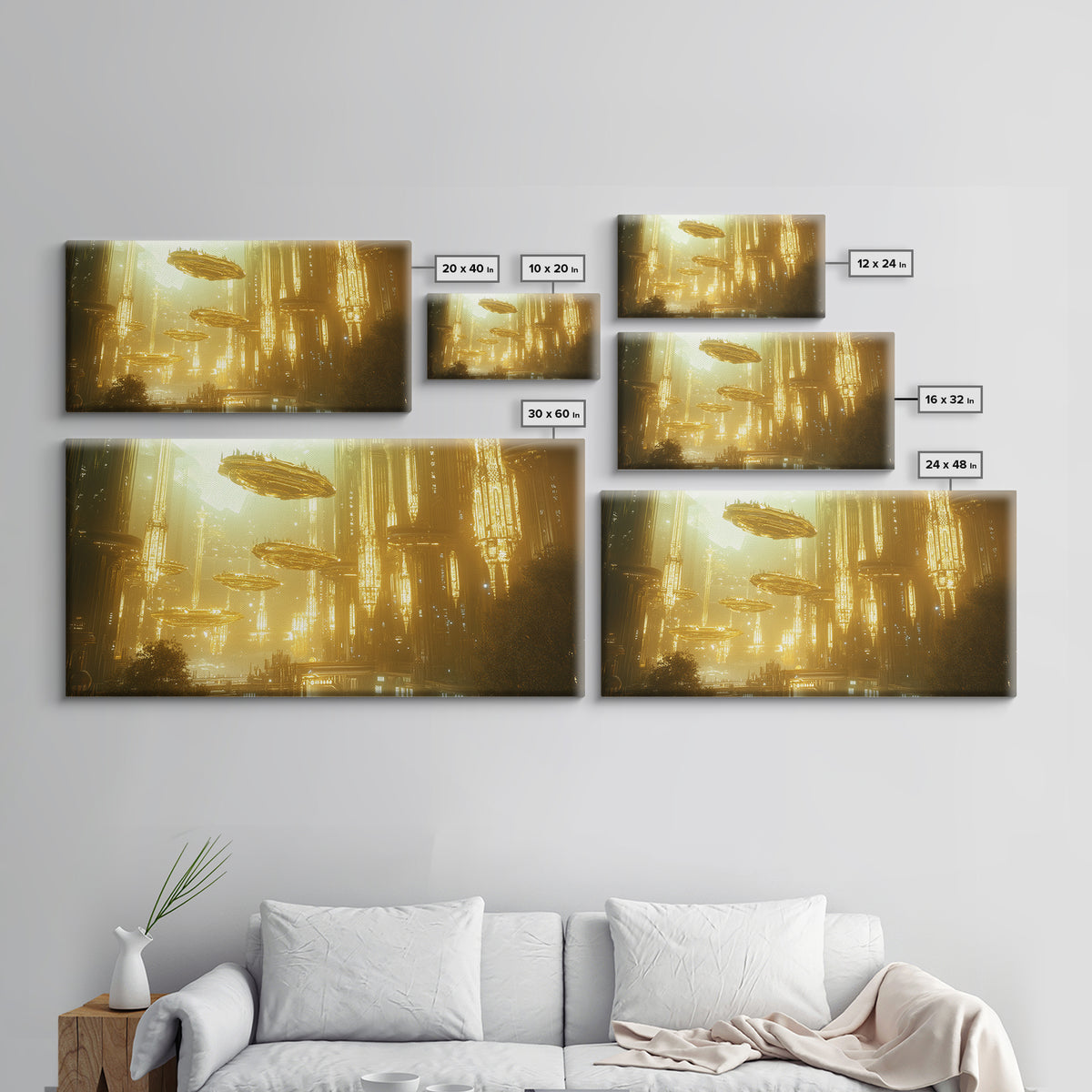 Golden Futuristic City With Floating Airships Framed Canvas Print, Sci Fi Wall Art, Cyberpunk Decor, Statement Artwork Gift For Him