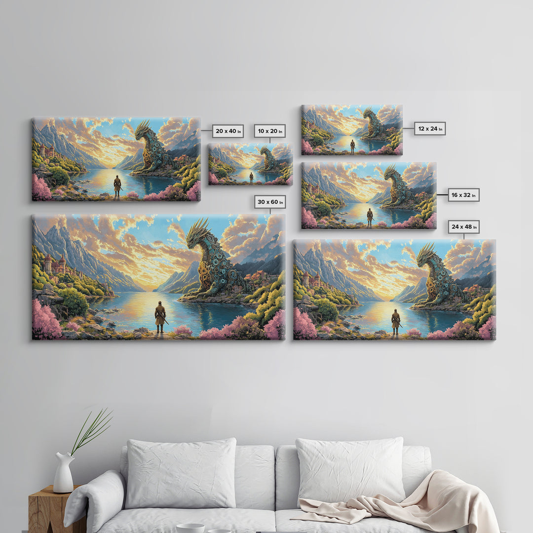 Hero Facing Giant Mechanical Dragon On Alpine Lake Canvas Print, Fantasy Wall Art, Mountain Wall Art, Adventure Home Decor