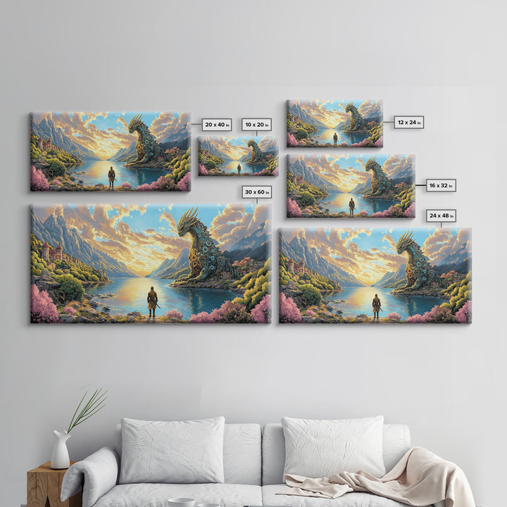Hero Facing Giant Mechanical Dragon On Alpine Lake Canvas Print, Fantasy Wall Art, Mountain Wall Art, Adventure Home Decor