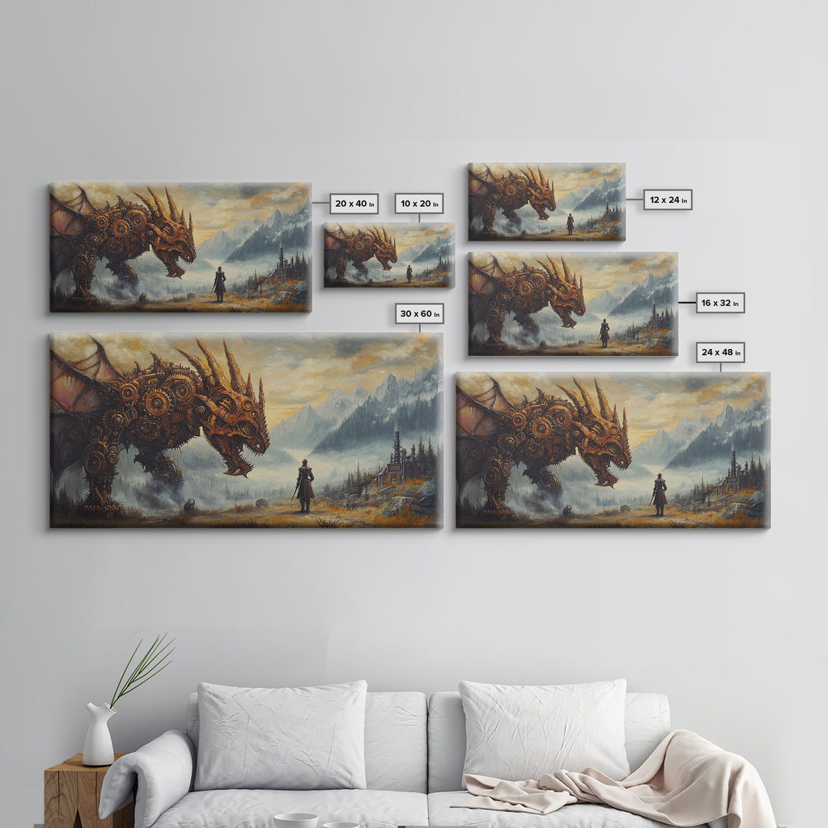 Steampunk Dragon Confronting Lone Traveler Framed Canvas Print, Fantasy Wall Art, Gothic Decor, Mountain Landscape Art, Gift For Him