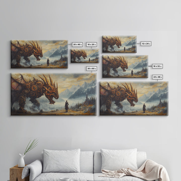Steampunk Dragon Confronting Lone Traveler Framed Canvas Print, Fantasy Wall Art, Gothic Decor, Mountain Landscape Art, Gift For Him