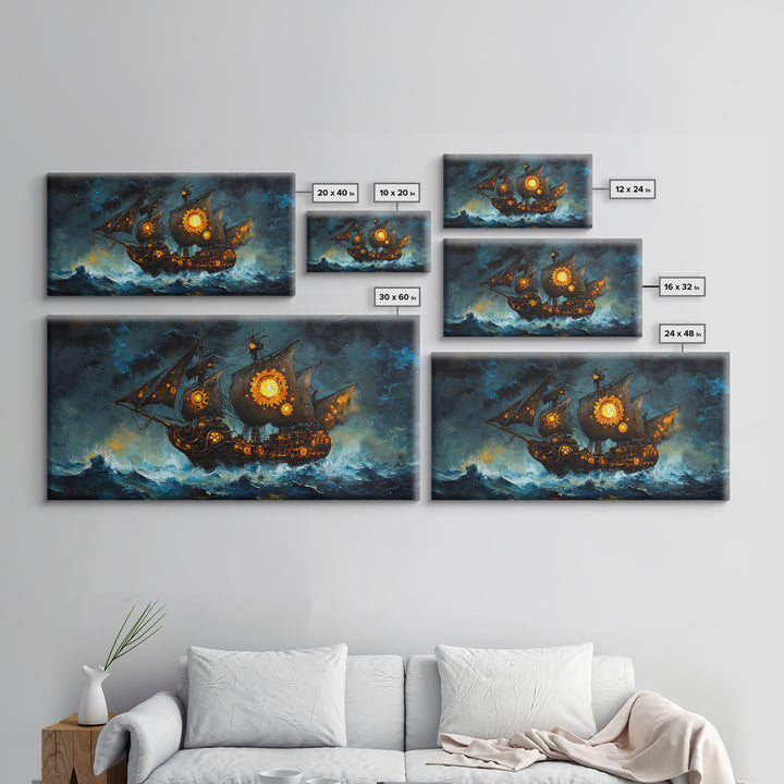 Stormy Steampunk Pirate Ship With Glowing Gears Canvas Print, Nautical Wall Art, Dark Fantasy Art, Moody Seascape Decor Gift For Him