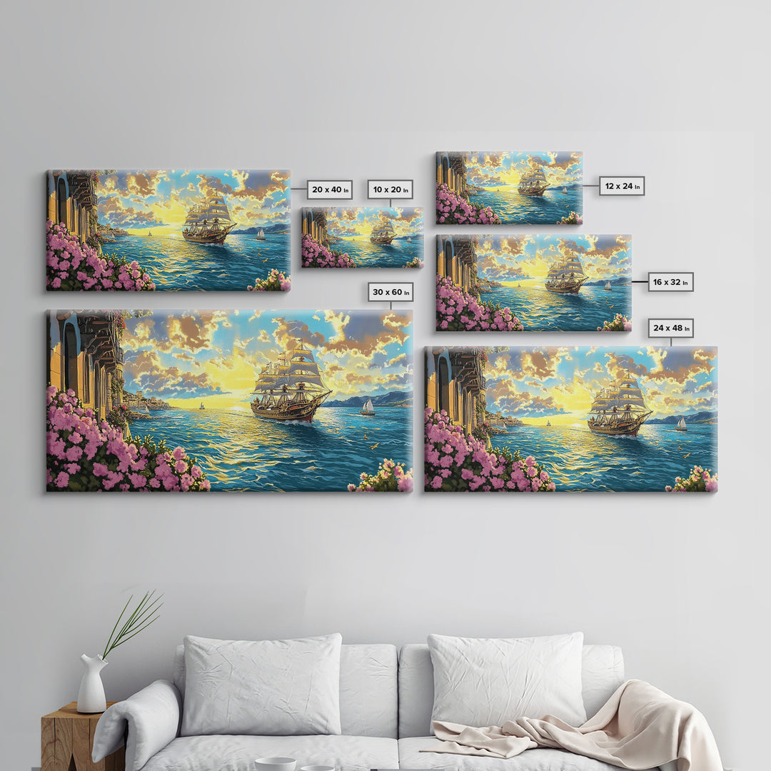 Sunset Tall Ship Sailing Past Flowered Balcony Canvas Print, Coastal Wall Art, Nautical Decor, Mediterranean Home Decor, Gift For Her