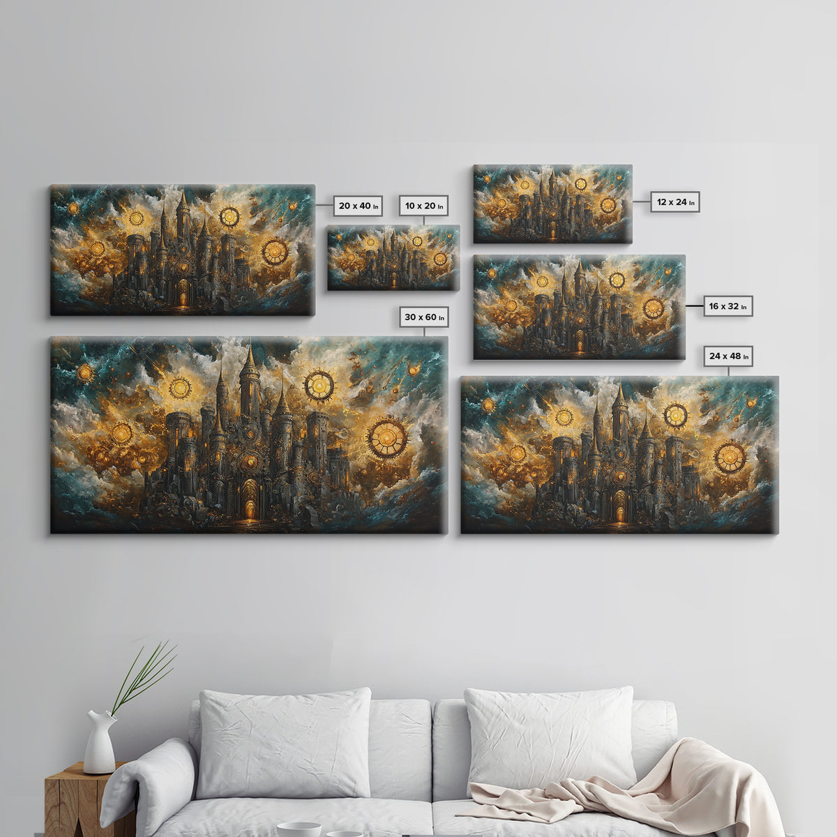 Dark Clockwork Castle Under Stormy Skies Framed Canvas Print, Gothic Wall Art, Steampunk Decor, Fantasy Home Decor, Statement Artwork