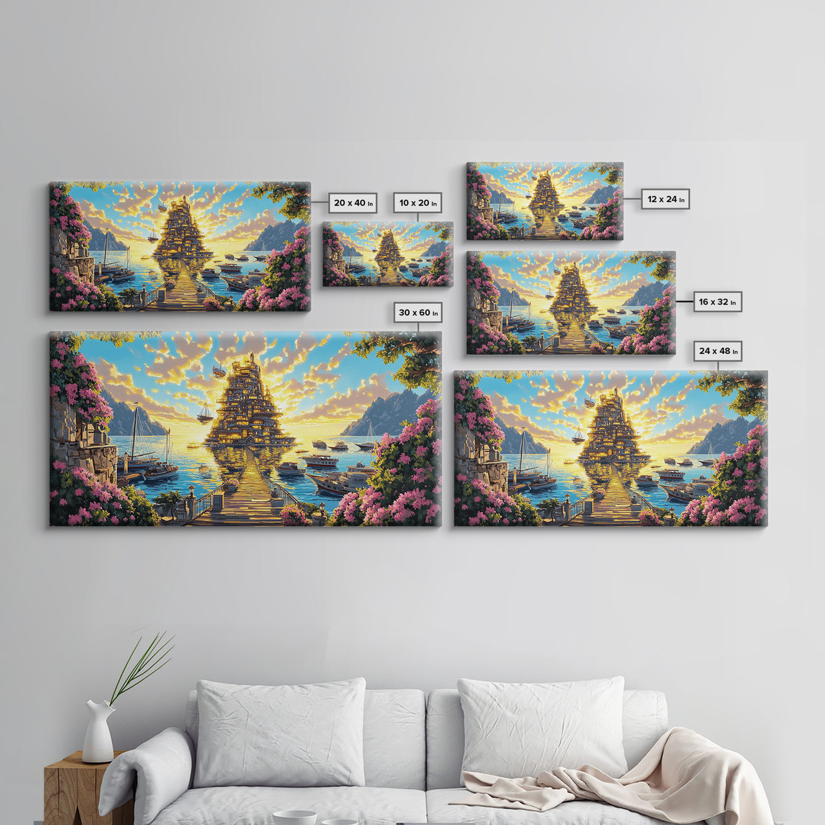 Golden Floating Temple At Sunset Wall Art, Fantasy Coastal Landscape Canvas, Dreamy Ocean Decor, Large Living Room Art Print