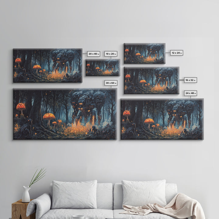 Glowing Mushroom Forest Mech Canvas Print, Dark Sci Fi Fantasy Wall Art, Cyberpunk Decor, Gamer Room Office Art, Gift For Him