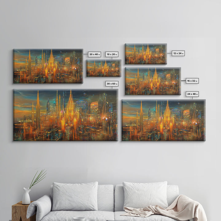 Radiant Futuristic City Skyline Wall Art, Cyberpunk Canvas Print, Sci Fi Urban Decor, Large Modern Office Wall Decor Art