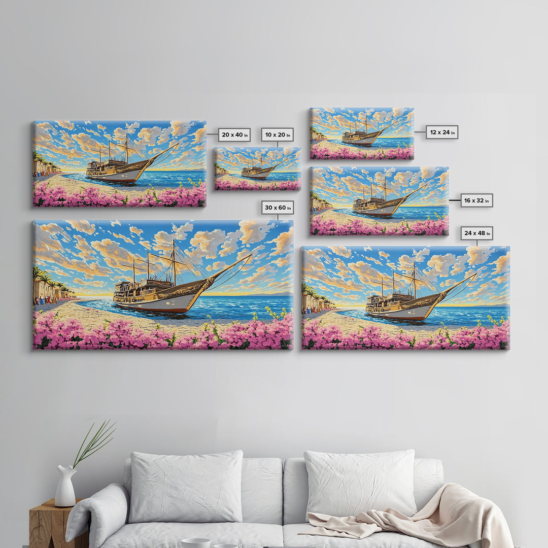 Classic Wooden Sailboat On Sunny Coast Wall Art, Nautical Canvas Print, Beach House Decor, Coastal Living Room Art Print