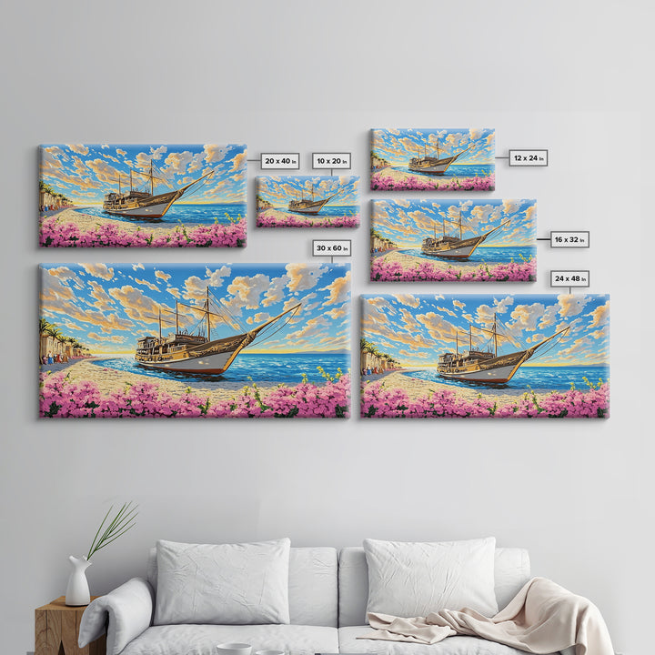 Classic Wooden Sailboat On Sunny Coast Wall Art, Nautical Canvas Print, Beach House Decor, Coastal Living Room Art Print