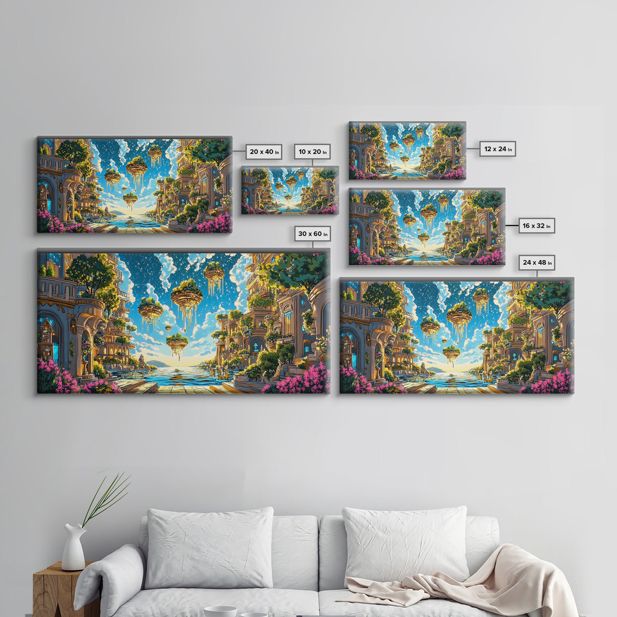 Floating Garden Islands Over Azure Sea Wall Art, Fantasy Coastal Canvas Print, Dreamy Mediterranean Home Decor Art Print