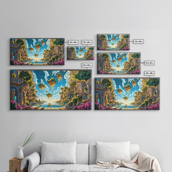 Floating Garden Islands Over Azure Sea Wall Art, Fantasy Coastal Canvas Print, Dreamy Mediterranean Home Decor Art Print