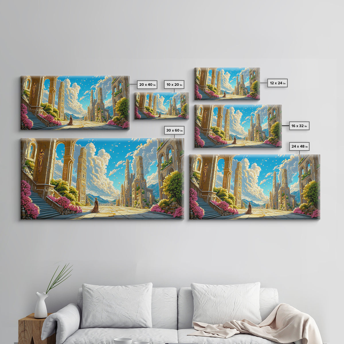 Sunlit Ancient Ruins And Mountain Vista Wall Art, Fantasy Landscape Canvas Print, Elegant Mediterranean Home Decor Print
