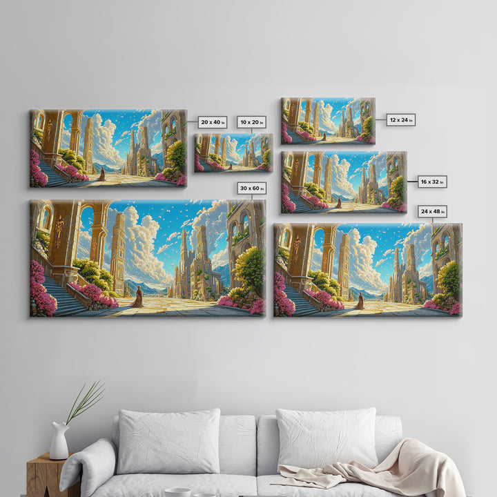 Sunlit Ancient Ruins And Mountain Vista Wall Art, Fantasy Landscape Canvas Print, Elegant Mediterranean Home Decor Print