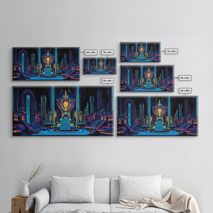 Neon Cyberpunk Throne Room Canvas Print, Futuristic Sci Fi Wall Art, Gaming Room Decor, Vibrant Office Wall Decor, Gift For Him