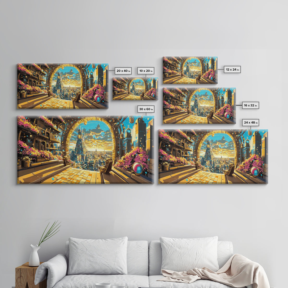 Golden Portal Balcony Over Future City Wall Art, Futuristic Canvas Print, Sci Fi Living Room Decor, Statement Office Art