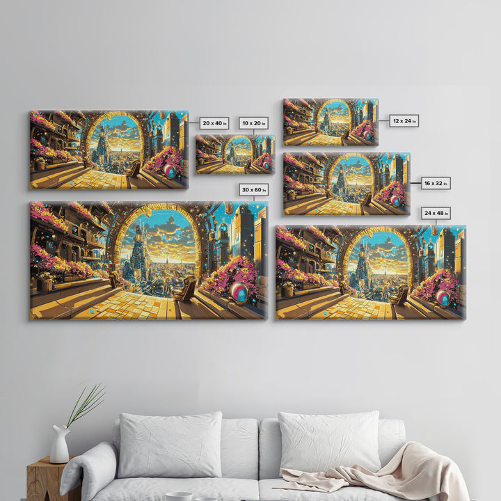 Golden Portal Balcony Over Future City Wall Art, Futuristic Canvas Print, Sci Fi Living Room Decor, Statement Office Art
