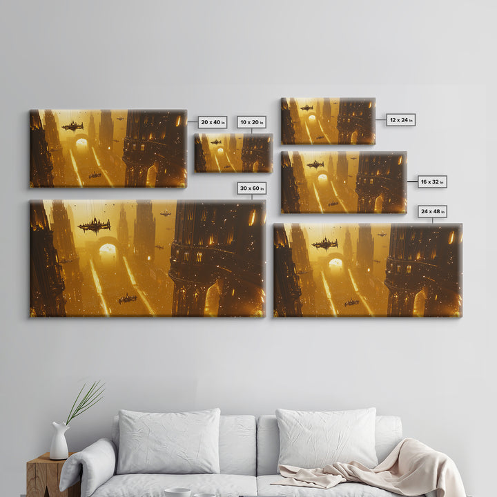Golden Futuristic Megacity With Airships Wall Art, Sci Fi Cityscape Canvas, Cyberpunk Decor, Large Statement Living Room Print